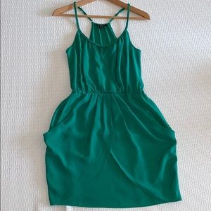 Green Dress with Braid and pleat details, Pockets